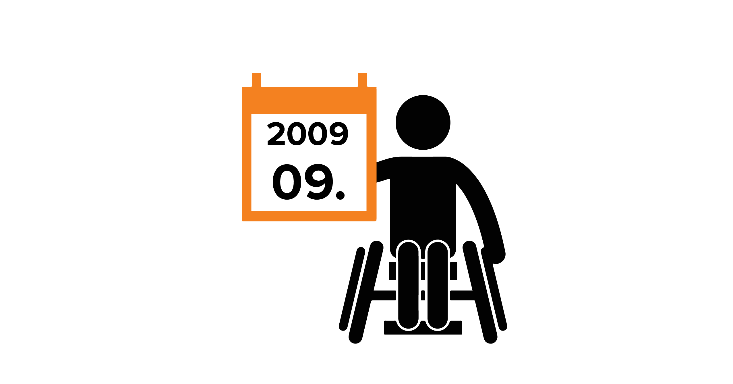Na grafice człowiek na wózku trzymający kalendarz z datą 09.2009