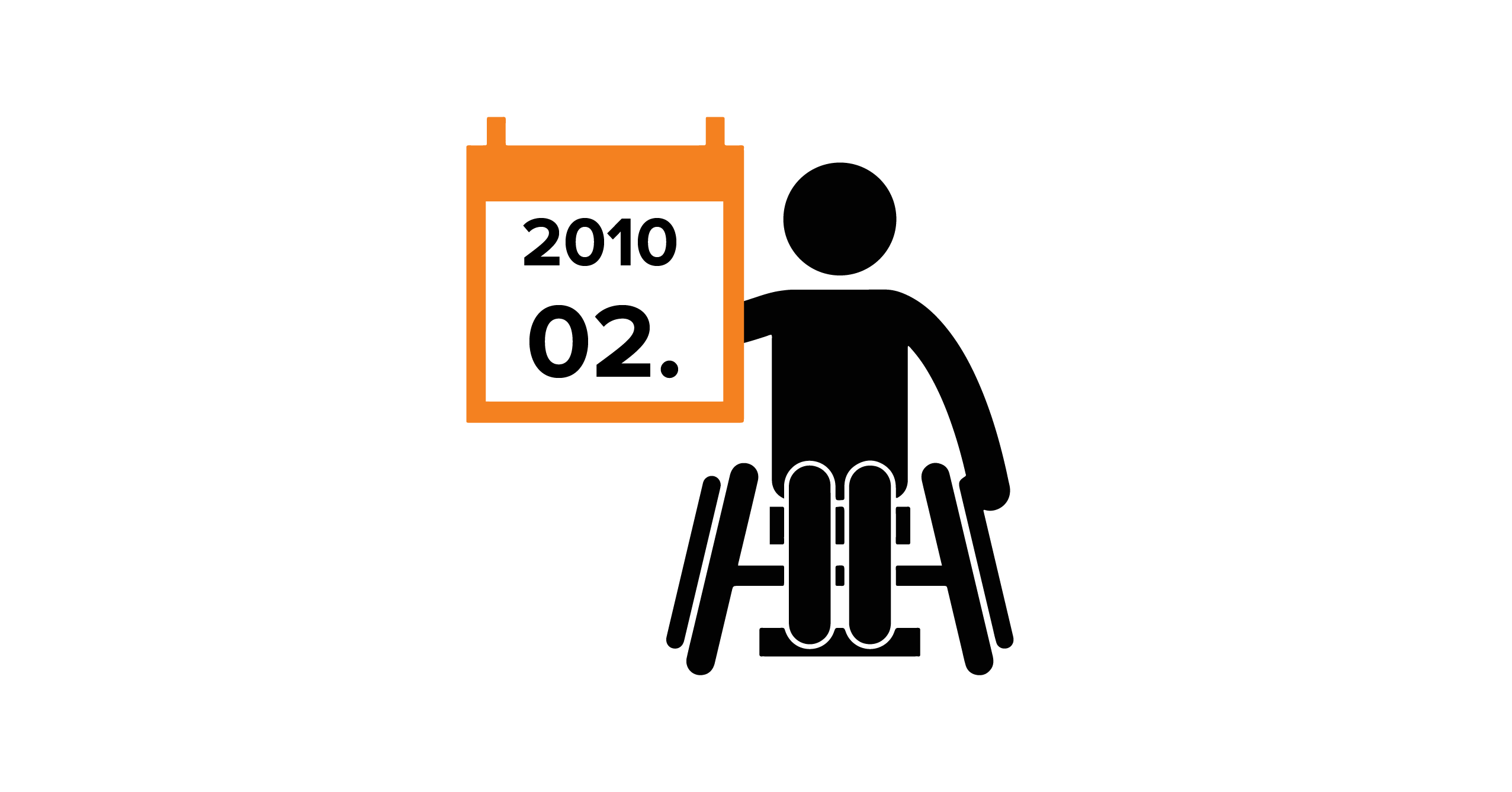 Na grafice człowiek na wózku, trzymający kalendarz z datą 02.2010