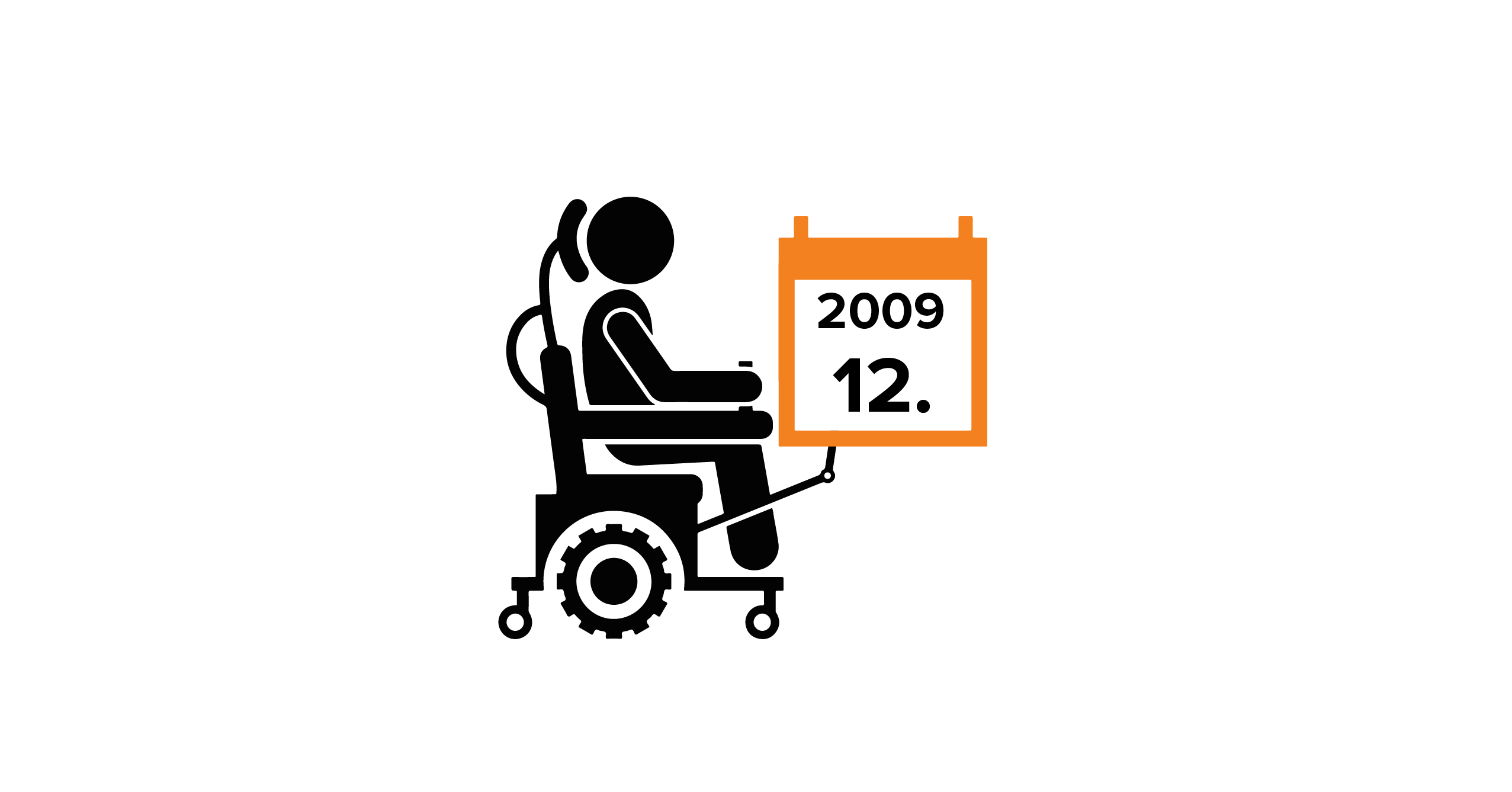 Na grafice człowiek na wózku elektryczym trzymający kalendarz z datą 12.2009