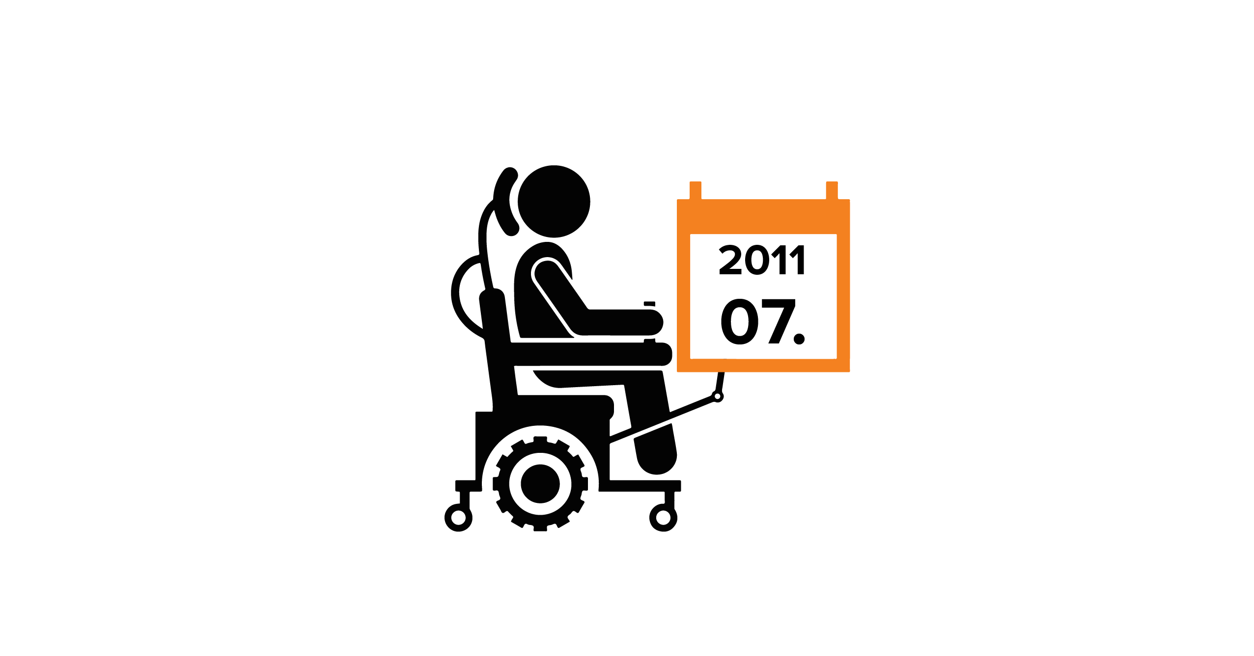 Na grafice człowiek na wózku elektrycznym trzymający kalendarz z datą 07.2011