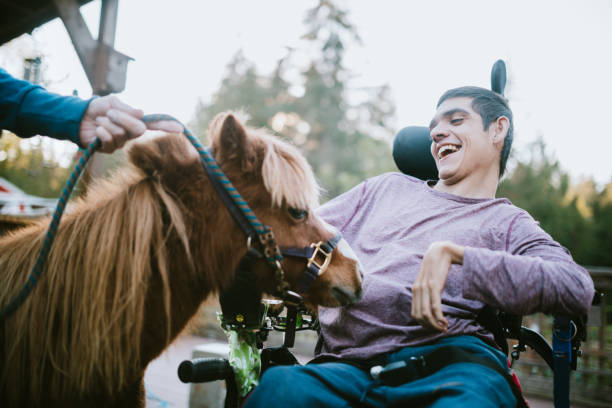 koń wącha uśmiechniętego chłopaka na wózku