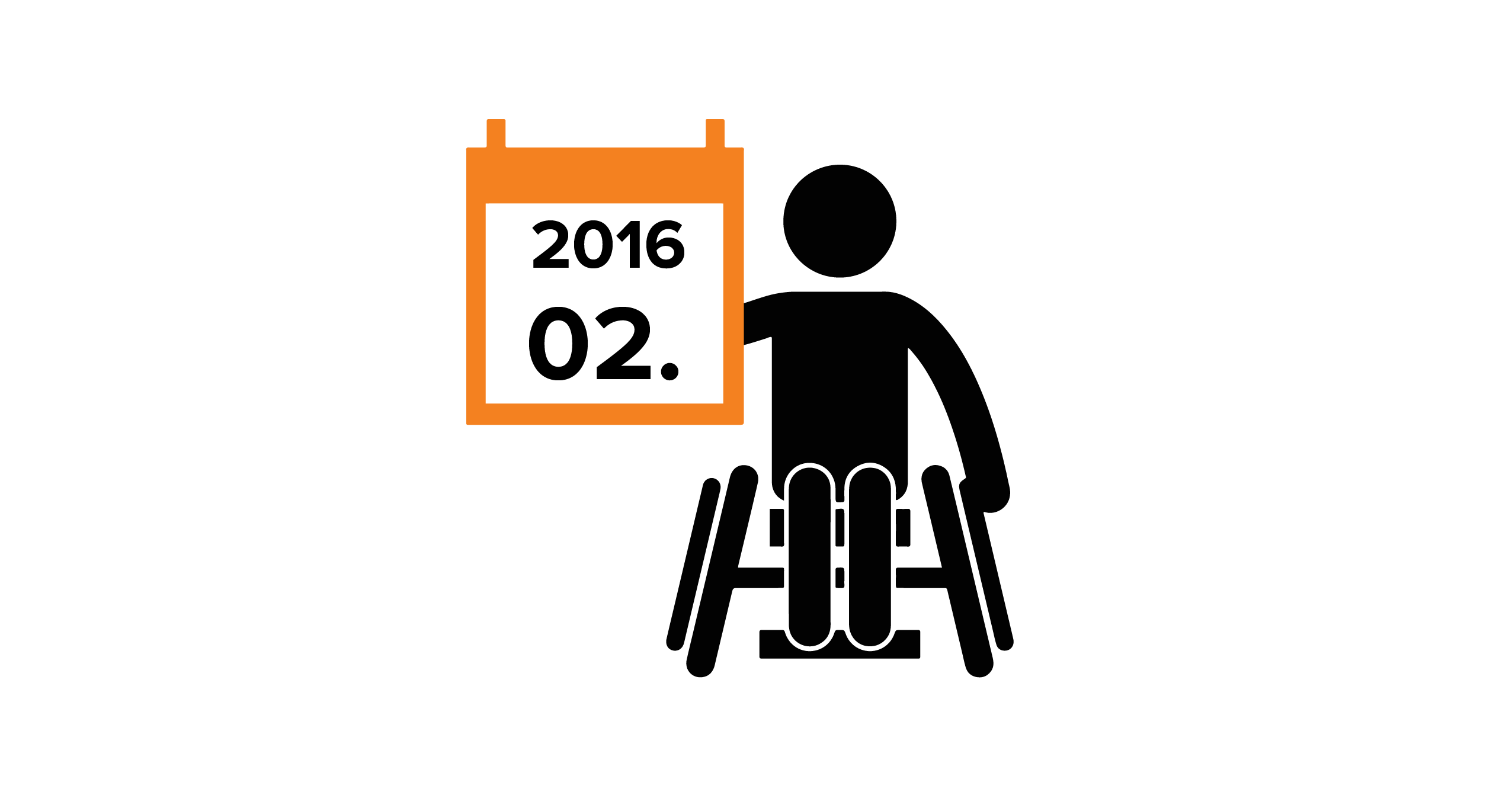 Na grafice sylwetka człowieka na wózku, trzymającego kalendarz w dłoni z datą 02.2016