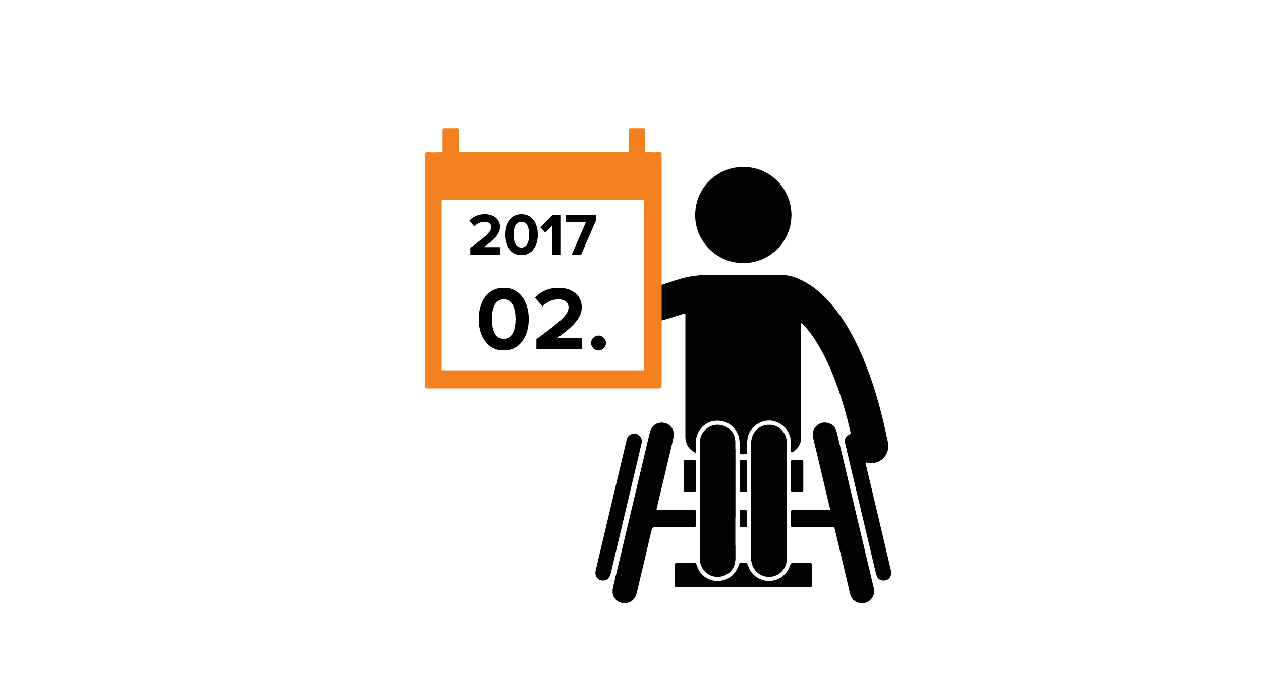 Na grafice człowiek na wózku, trzymający kalendarz z datą 02.2017