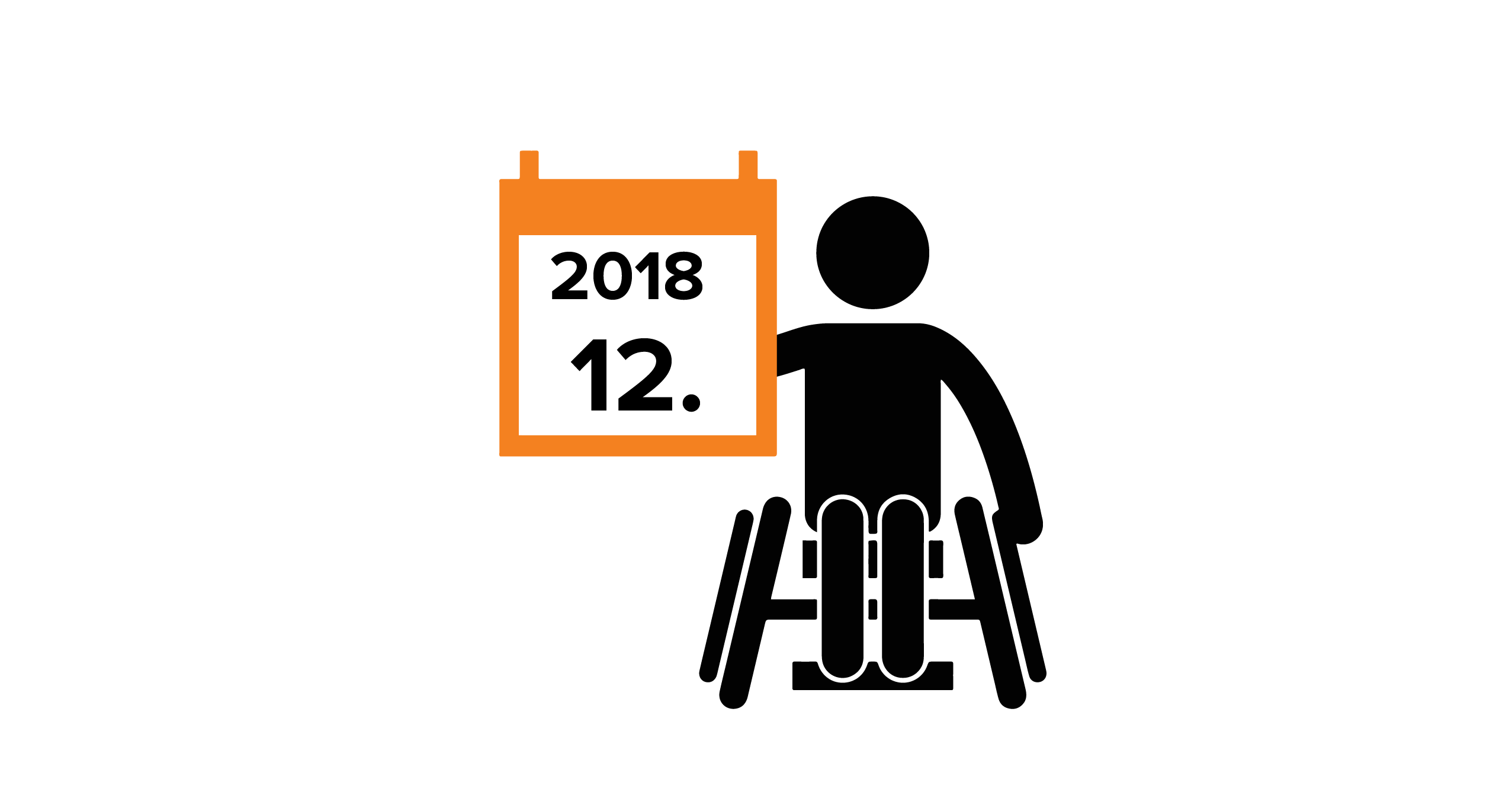 Na grafice człowiek na wózku, trzymający kalendarz z datą 12.2018