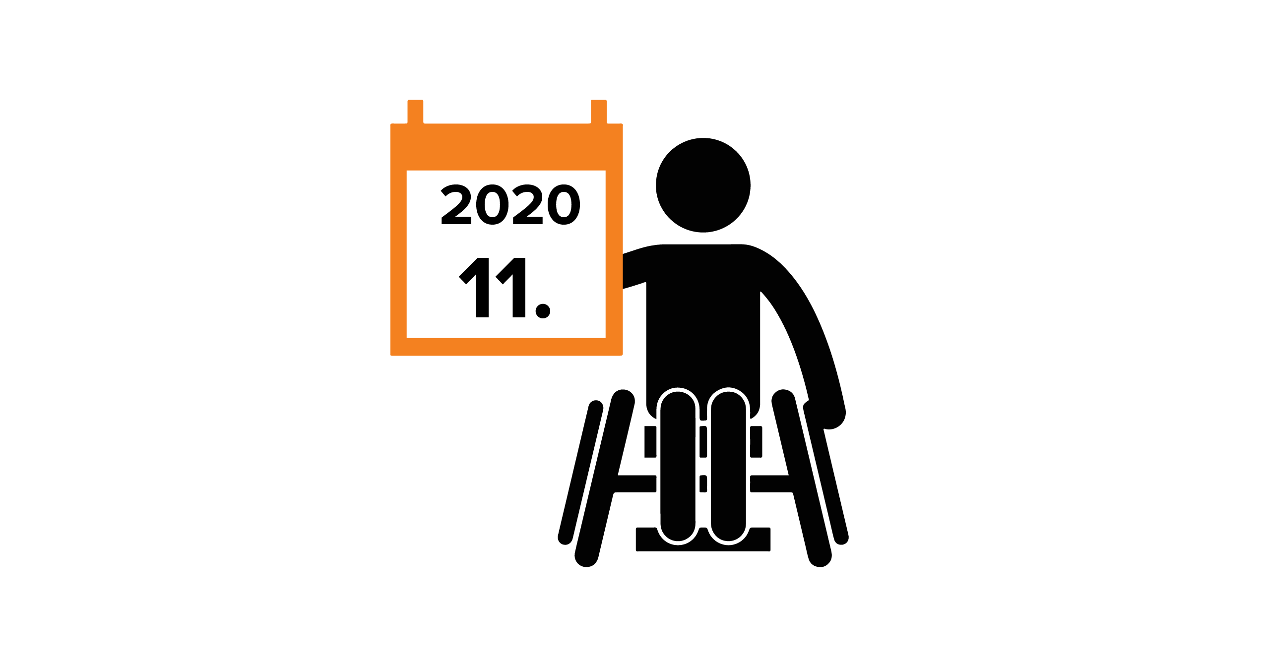 Na grafice człowiek na wózku trzymający w dłoni kalendarz z datą 11.2020