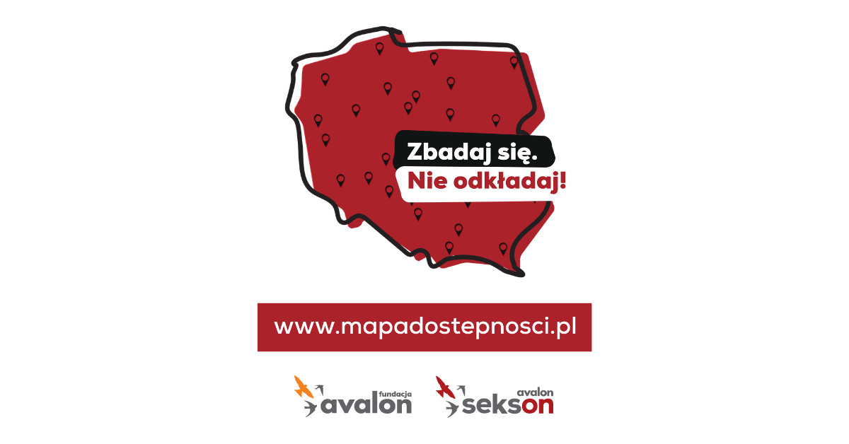 Na grafice szkic mapy Polski napis Zbadaj się. Nie odkładaj! www.mapadostepnosci.pl, logotyop Fundacji Avalon i Projektu Sekson
