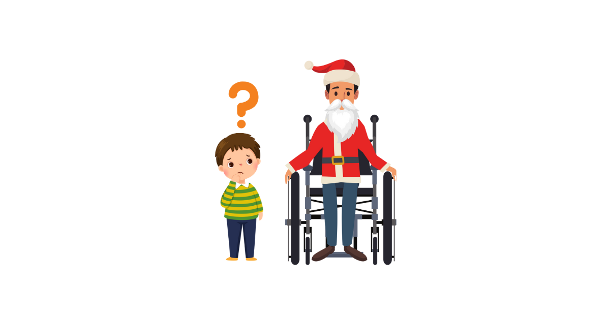 Na grafice postać Świętego Mikołaja obok chłopiec ze znakiem zapytania nad głową.