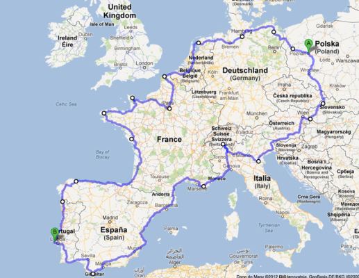 na grafice widać mapę Europy z zaznaczoną trasą