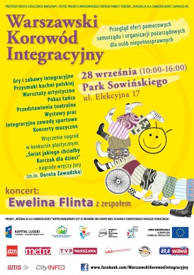 grafika przedstawia plakat zapraszający na Warszawską Imprezę Integracyjną w Parku Sowińskiego