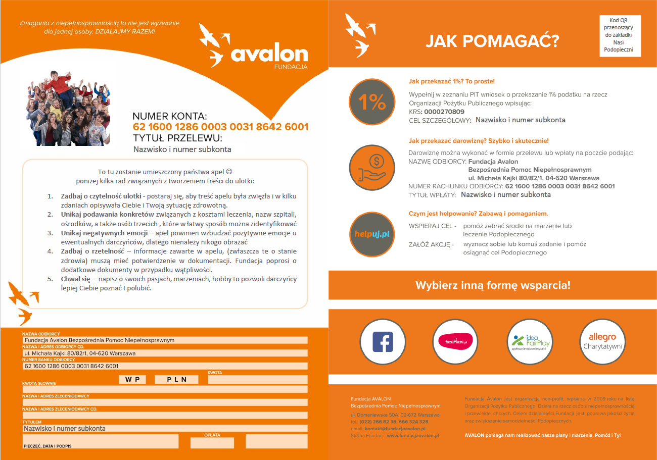 Wzór ulotki dla podopiecznych Fundacji Avalon 2018