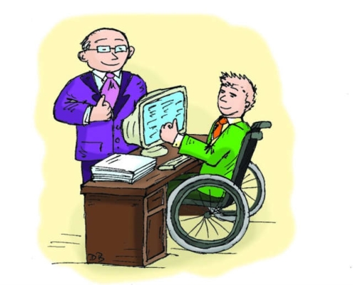 rysunek chłopaka na wózku, który siedzi przed biurkiem z komputerem, starszy mężczyzna w garniturze stoi przed nim i uśmiecha się