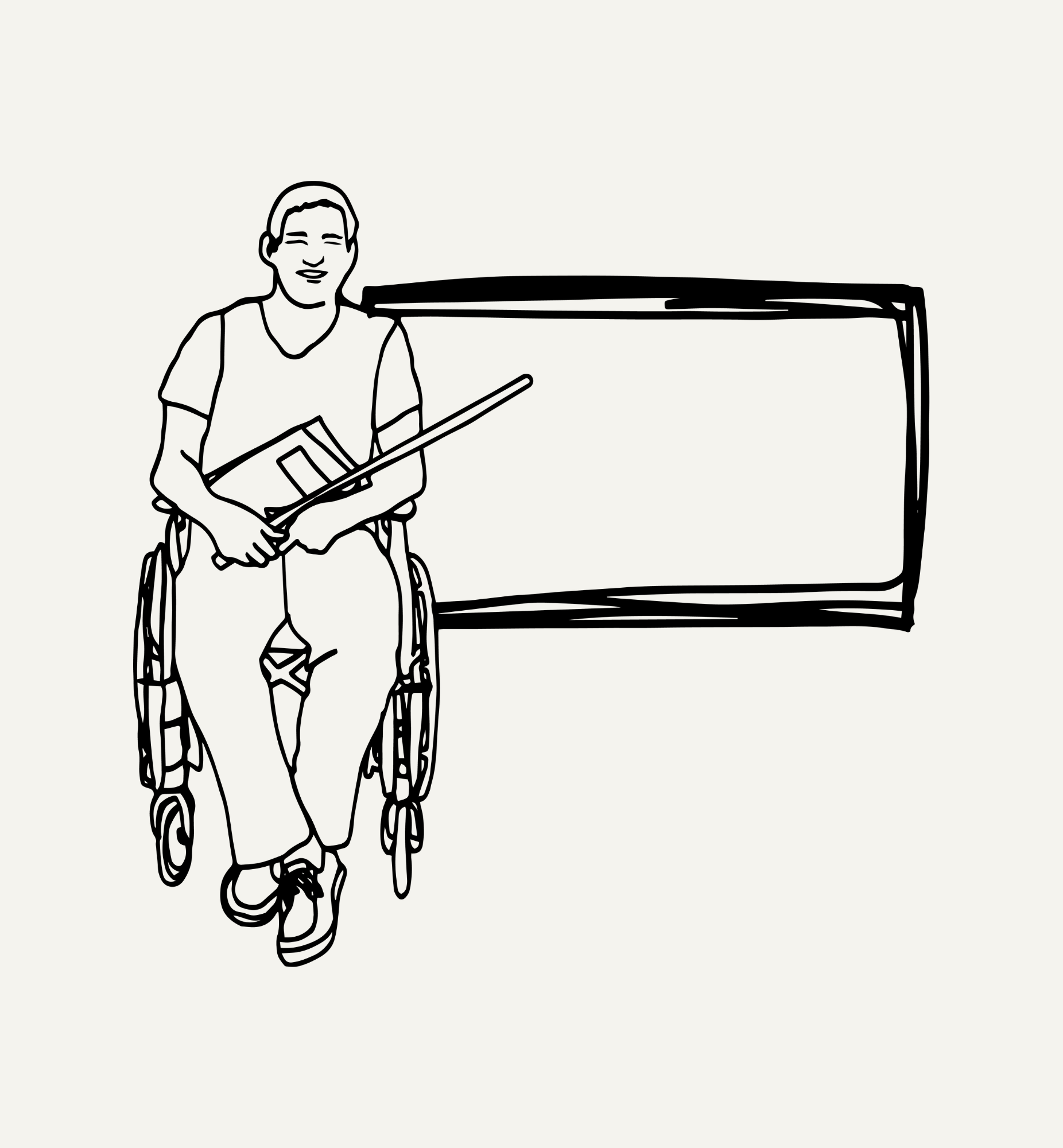 Na grafice rysunek mężczyzny na wózku ze wskaźnikiem i książką. Za nim tablica.