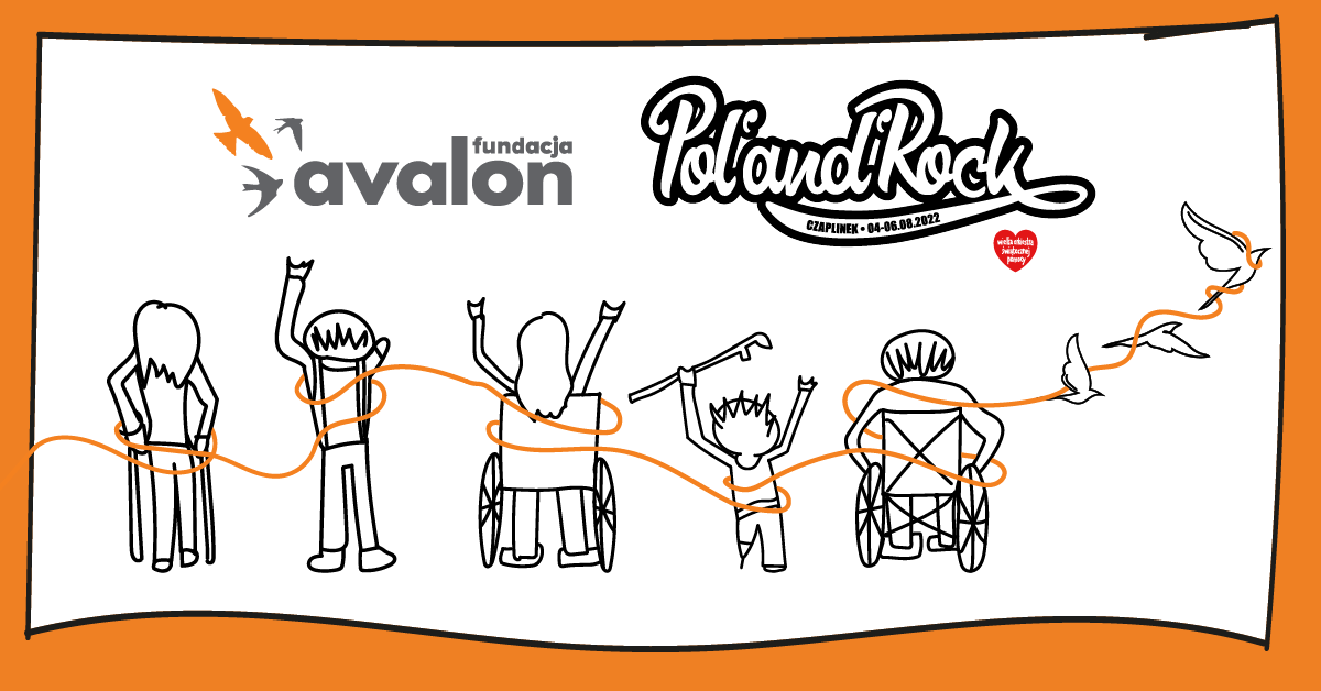 Na grafice pięć rysunkowych postaci odwróconych plecami z różnymi niepełnosprawnościami. Logotyp Fundacji Avalon oraz Pol'and'Rock Festiwalu.