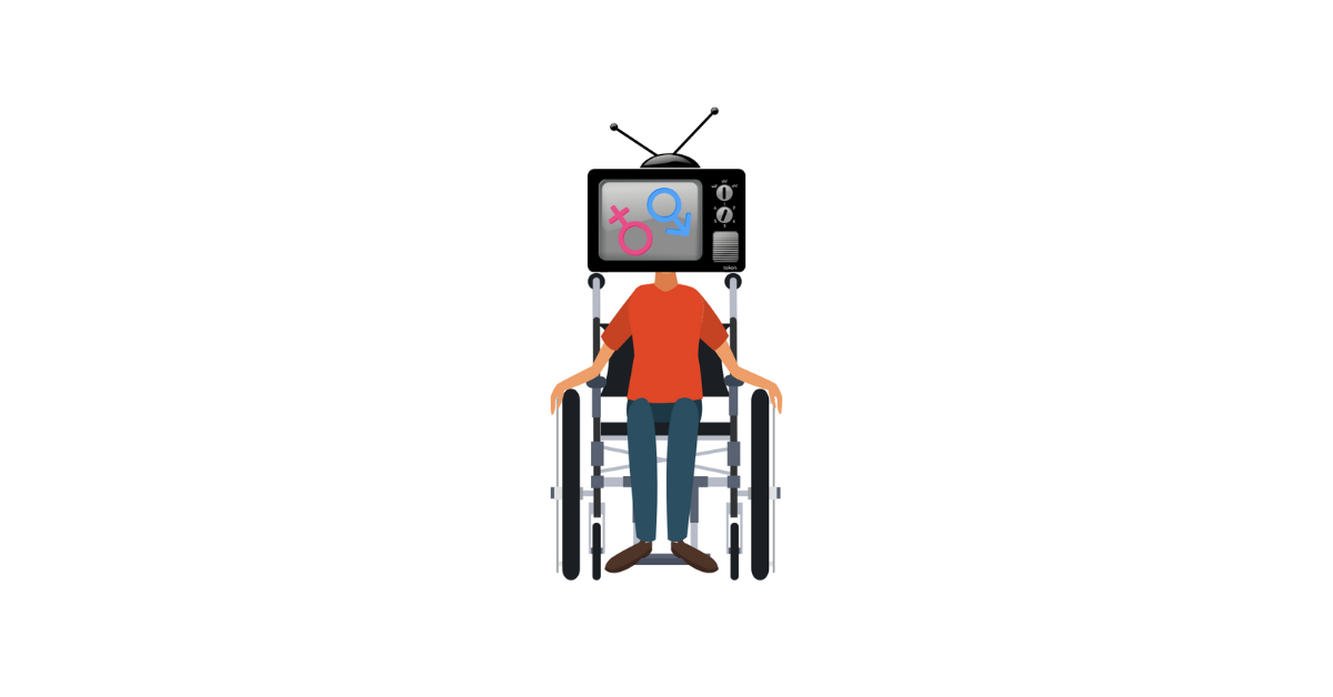 Na grafice rysunek osoby na wózku z telewizorem zamiast głowy.