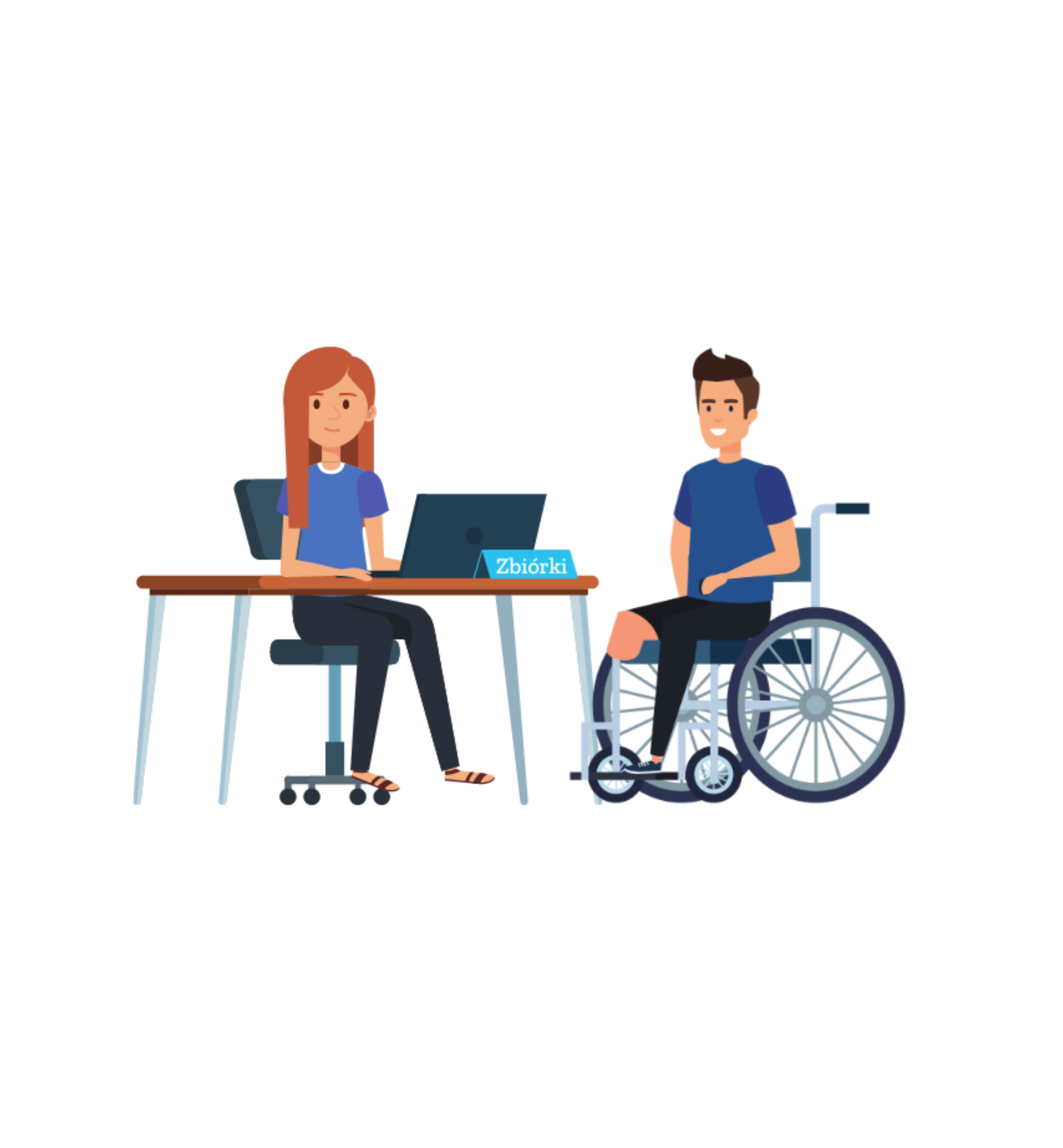 Na grafice rysunek kobiety siedzącej przy biurku z laptopem obok niej mężczyzna na wózku.