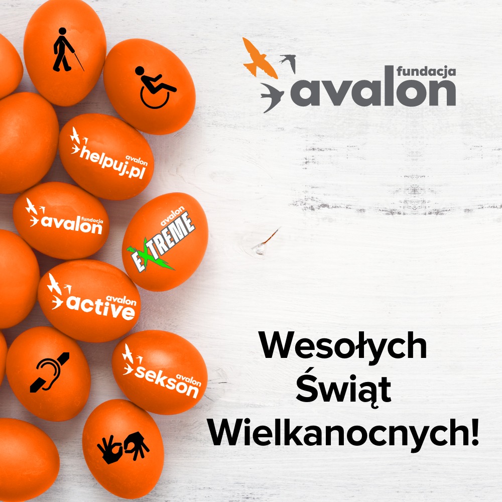 Na grafice pisanki z logotypami projektów Fundacji i piktogramami związanymi z niepełnosprawnością. Npis Wesołych Świąt Wielkanocnych!