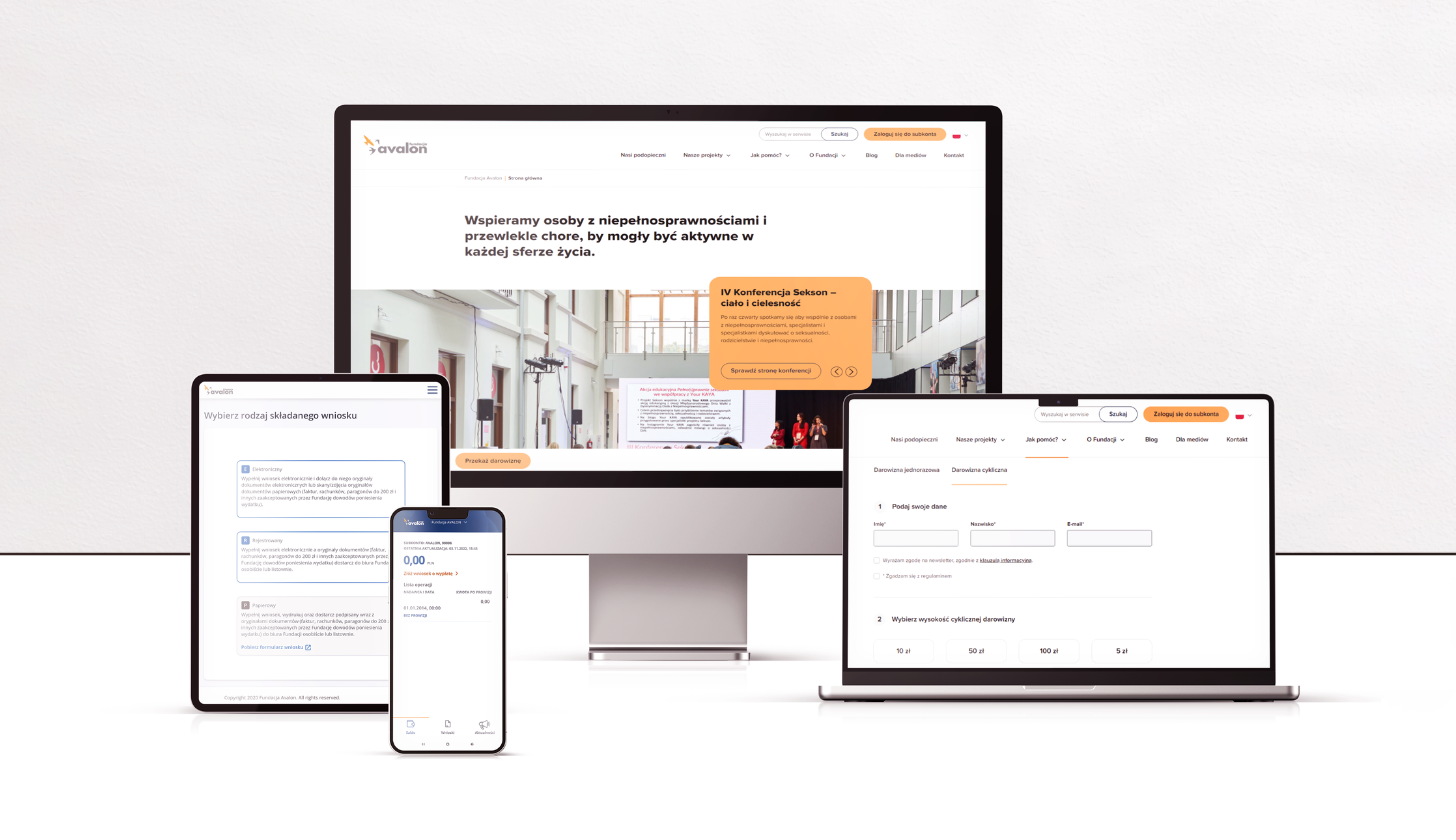 Wizualizacja innowacji technologicznych w Fundacji Avalon na różnych urządzeniach.