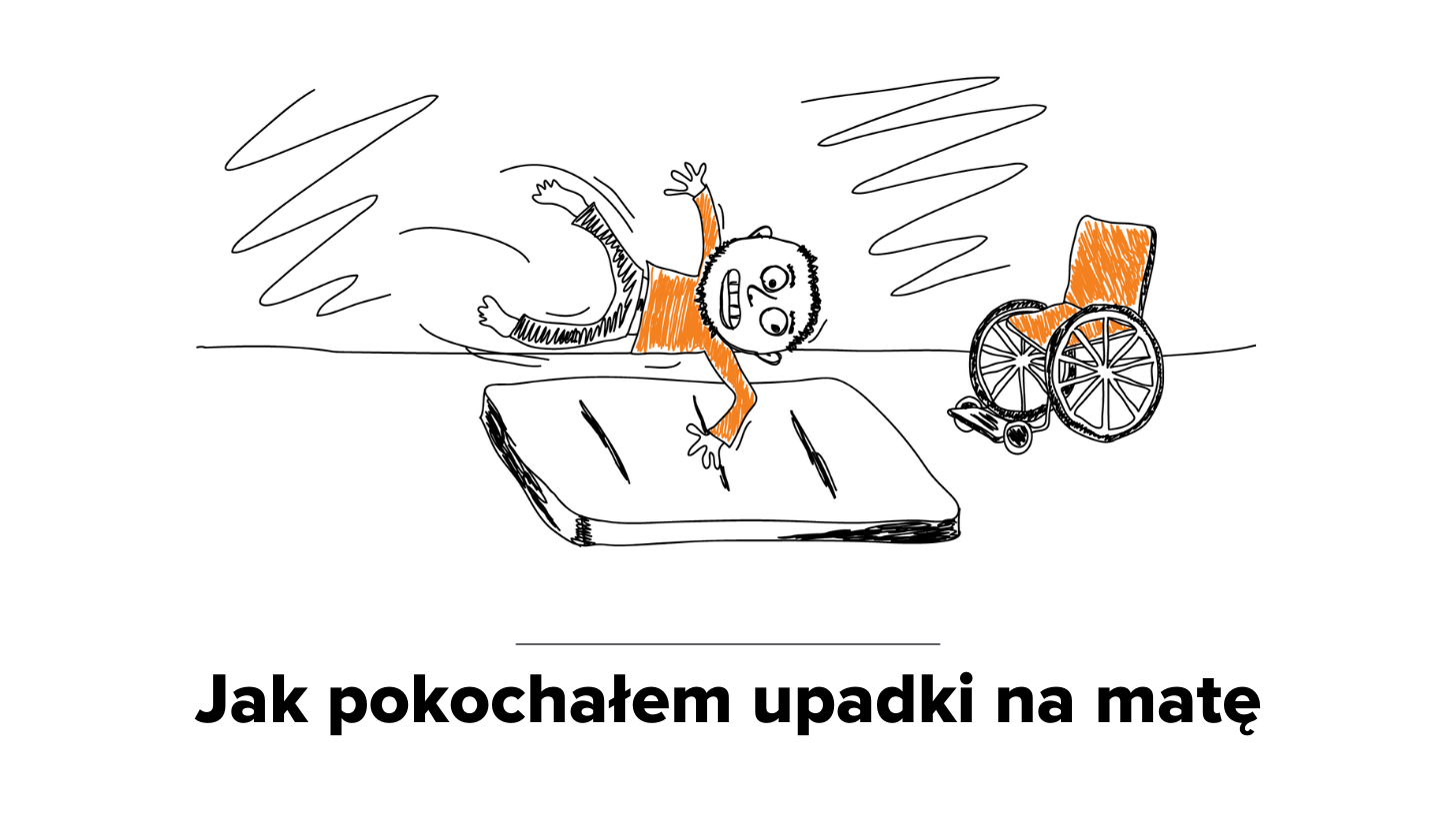 Ilustracja chłopca upadającego na matę, obok stoi wózek inwalidzki.