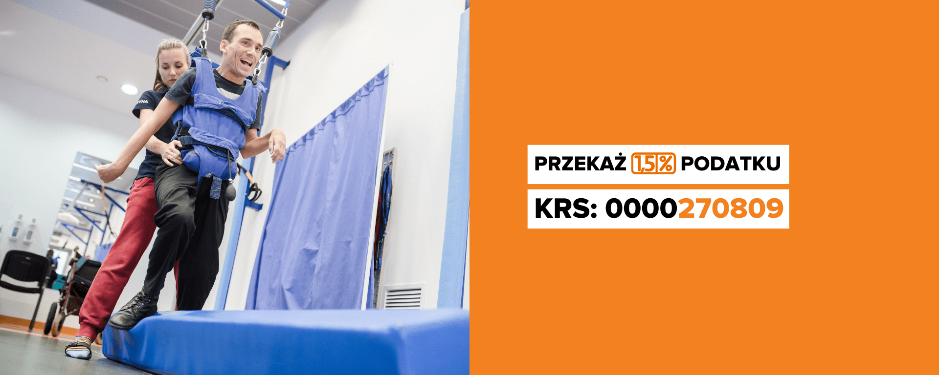 Fizjoterapeutka i pacjent podczas zajęć. Napis Przekaż 1,5% podatku.