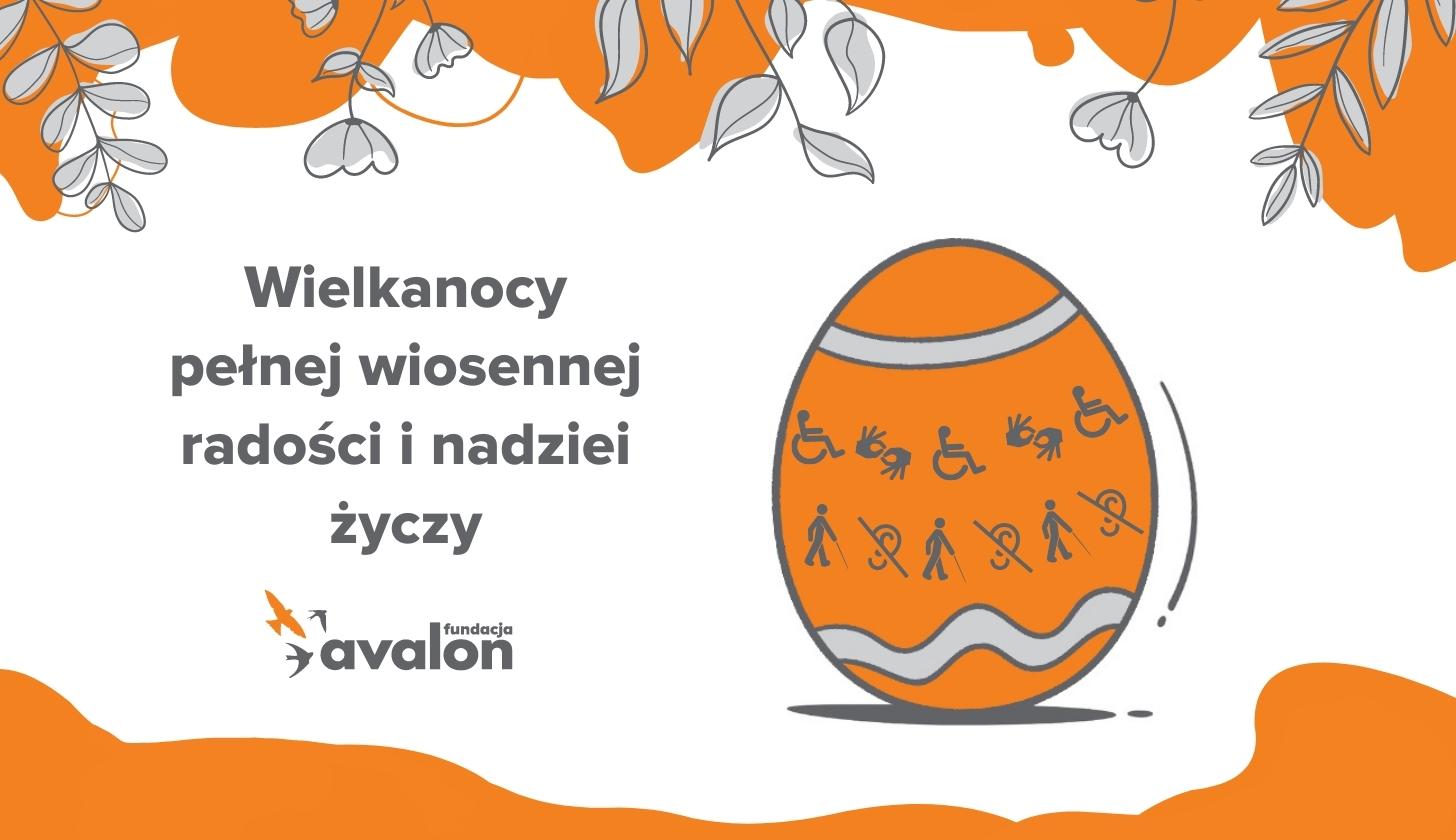 grafika przedstawia pisankę, na której znajdują się symbole związane z niepełnosprawnością (osoby na wózku, przekreślonego ucha, migających dłoni, osoby z laską)