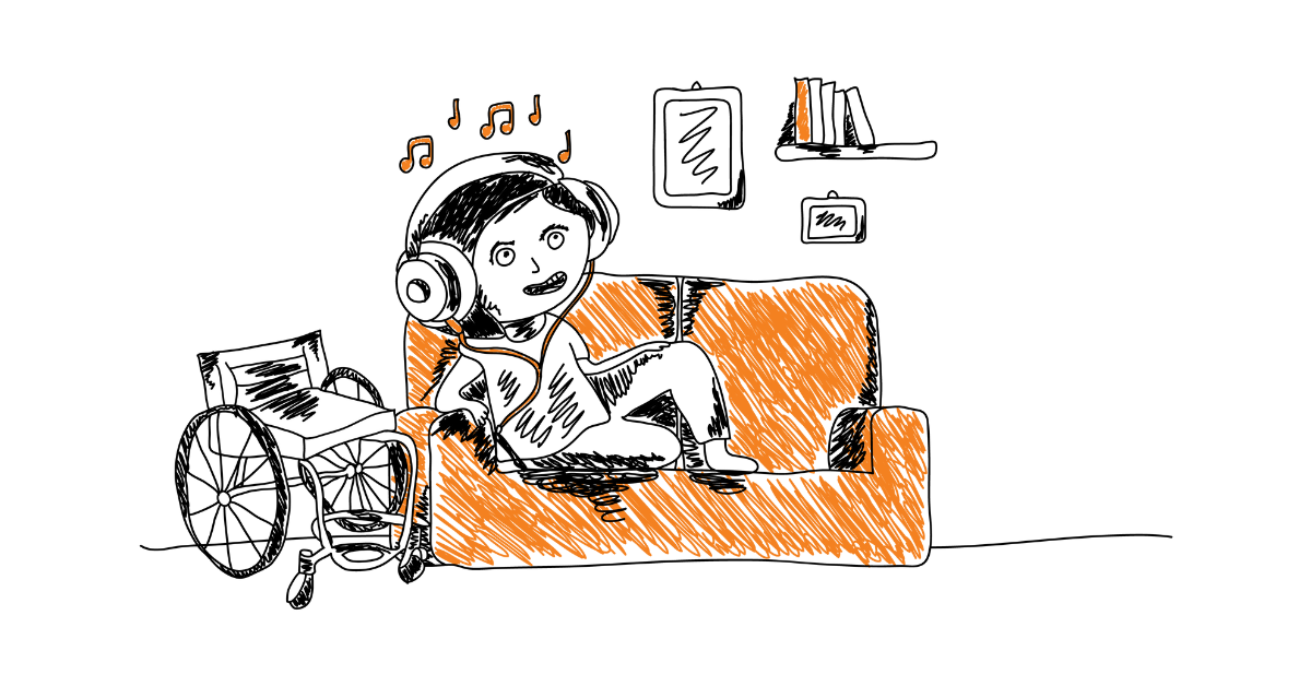 Grafika przedstawia dziewczynę, która siedzi na kanapie i słucha muzyki na słuchawkach. Obok kanapy stoi wózek inwalidzki.