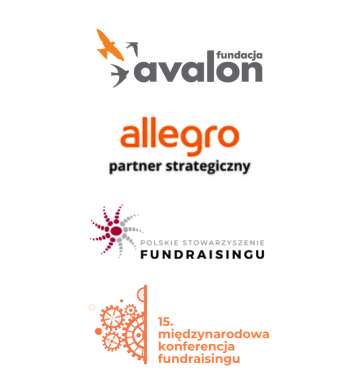 Cztery logotypy w jednej kolumnie: Fundacji Avalon, Allegro, Polskiego Stowarzyszenia Fundraisingu, 15. Międzynarodowej Konferencji Fundraisingu.