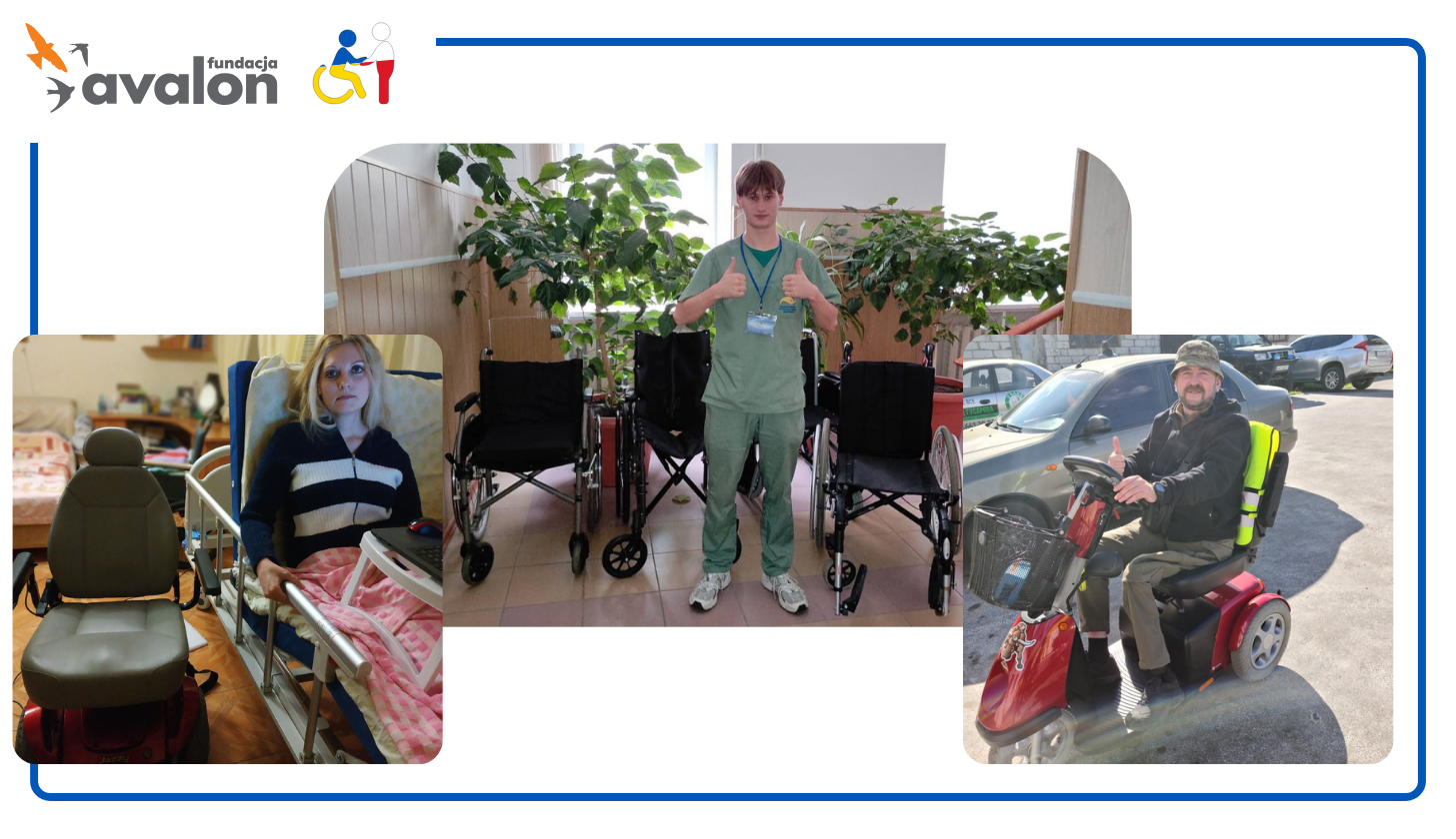 Kolaż z trzech zdjęć: na jednym pielęgniarz z uniesionymi kciukami, a za nim stoją trzy wózki, na drugim zdjęciu mężczyzna na wózku z dostawką, na trzecim kobieta w łóżku szpitalnym, a obok niej wózek elektryczny.