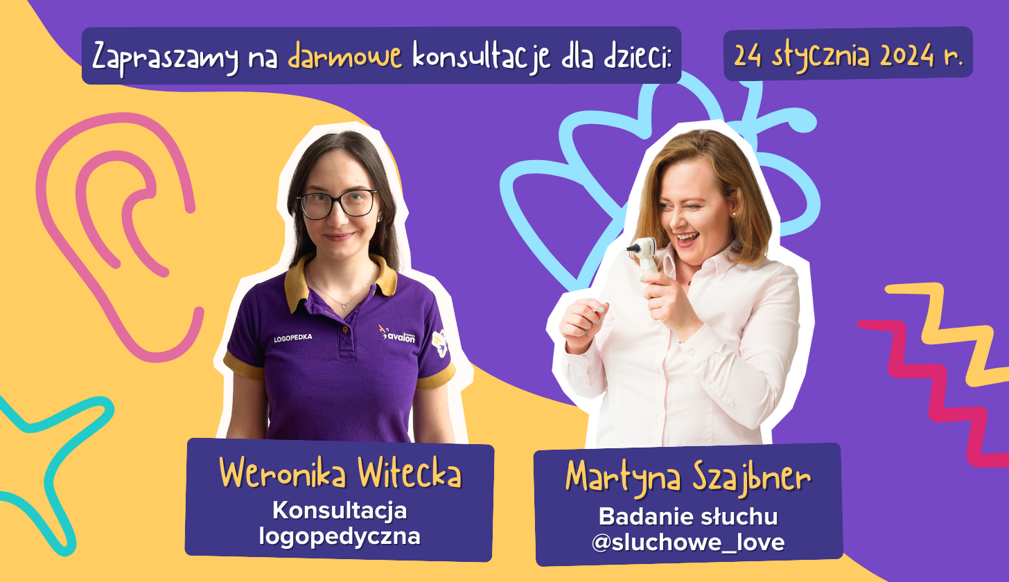 Na kolorowym tle z wzorkami znajdują się zdjęcia logopedki Weroniki Witeckiej oraz protetyczki słuchu Martyny Szajbner.