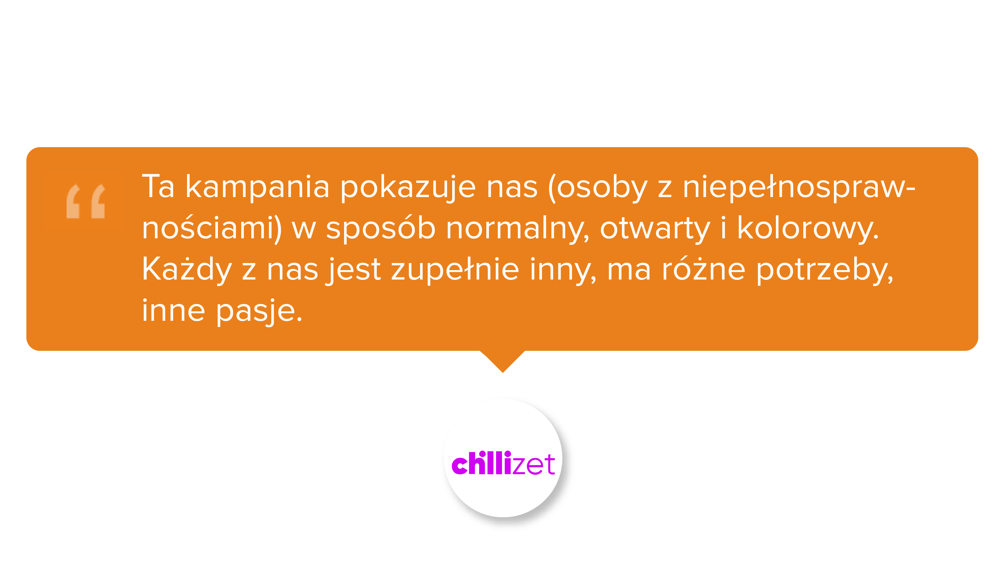 Chillizet. Ta kampania pokazuje nas (osoby z niepełnosprawnościami) w sposób normalny, otwarty i kolorowy. Każdy z nas jest zupełnie inny, ma różne potrzeby, inne pasje.