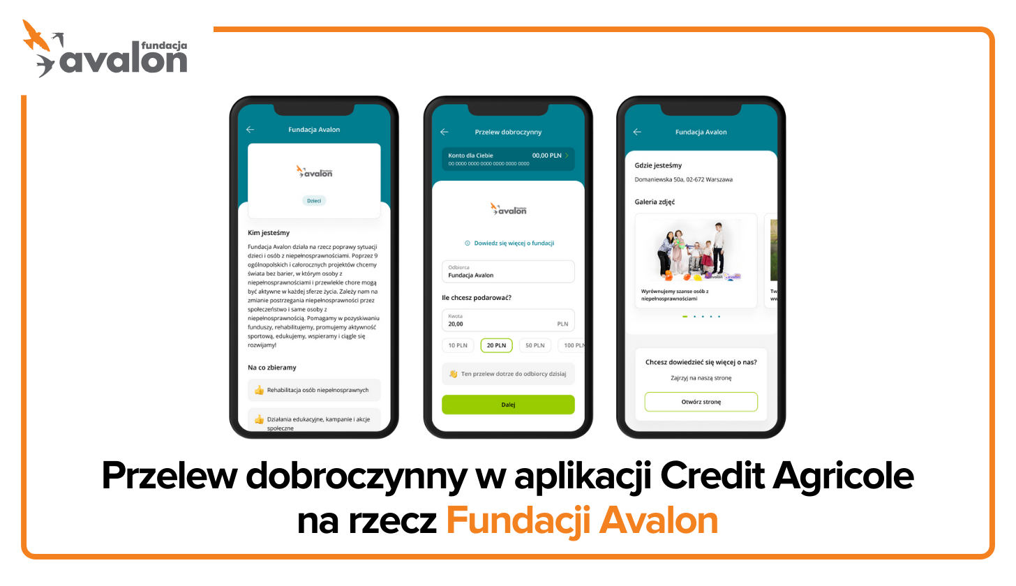 Na grafice wizualizacja aplikacji CA24 Mobile na trzech ekranach telefonów. Napis Przelew dobroczynny w aplikacji Credit Agricole na rzecz Fundacji Avalon. W lewym górnym rogu logo Fundacji Avalon.