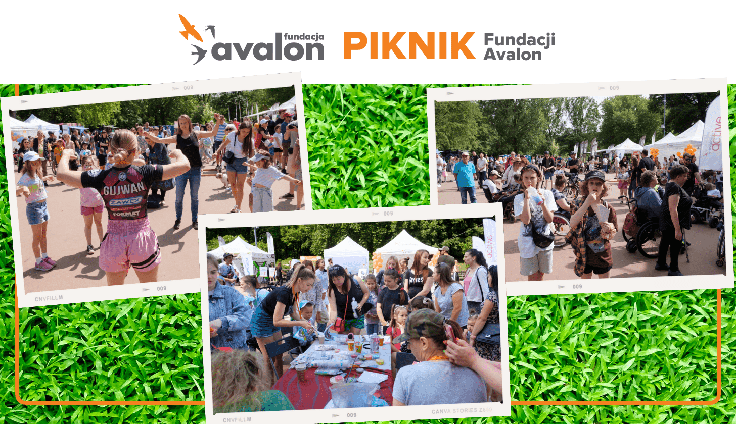 Kolaż ze zdjęć z Pikniku Fundacji Avalon w 2023 roku: pierwsze przedstawia warsztat z samoobrony, drugie warsztaty plastyczne dla dzieci, a trzecie tłum ludzi na tle namiotów Fundacji.