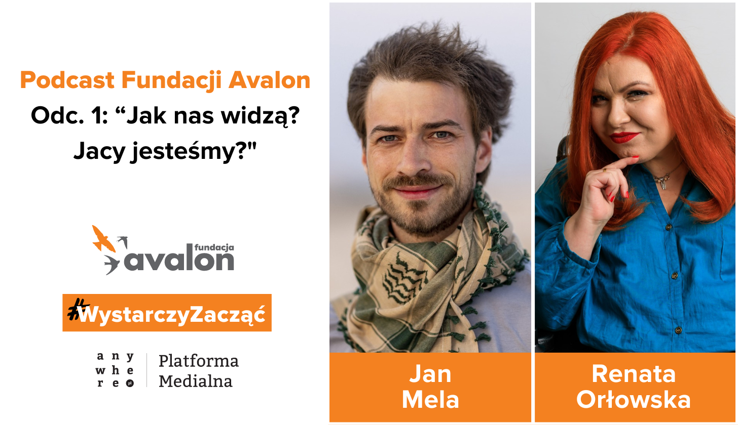 Na grafice obok siebie zdjęcia twarzy Jana Meli i Renaty Orłowskiej - Napis Podcast Fundacji Avalon Odc 1. 