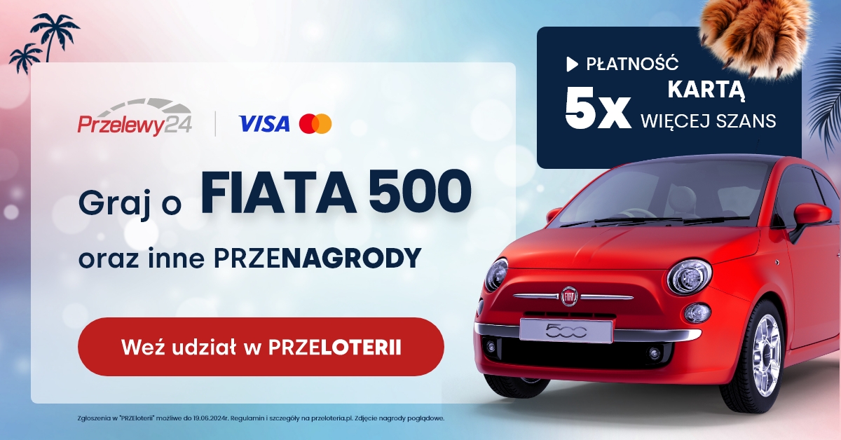 Grafika ze zdjęciem czerwonego Fiata 500. Napis: Graj o Fiata 500 i inne przenagrody. Weź udział w przelotteri.