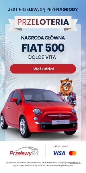 Grafika ze zdjęciem czerwonego Fiata 500. Napis: Graj o Fiata 500 i inne przenagrody. Weź udział w przelotteri.