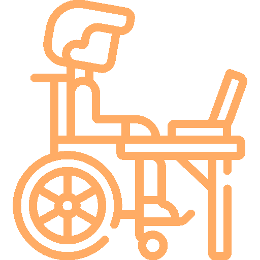 Ikona osoby na wózku, która siedzi przy biurku z laptopem.