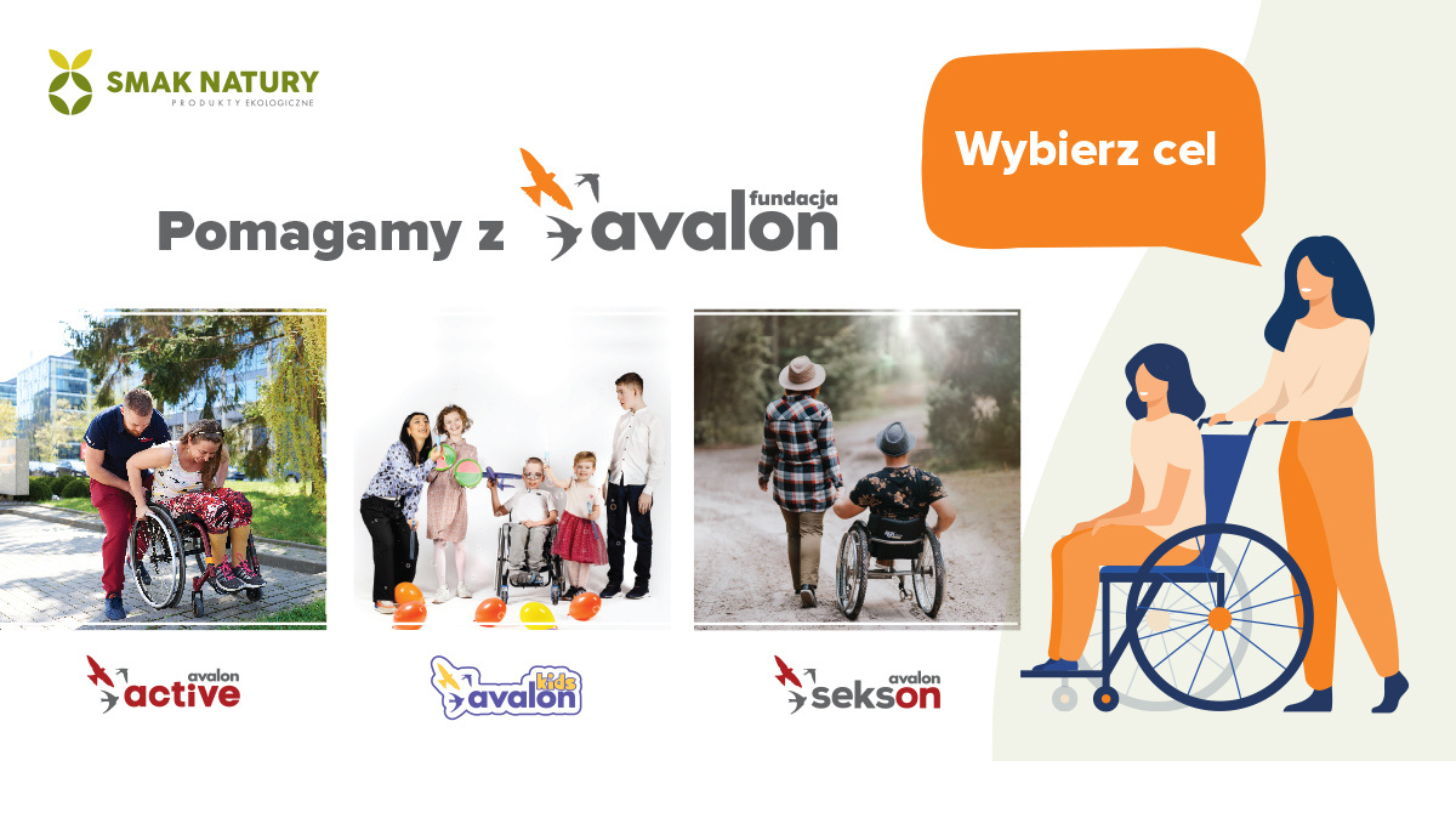 Trzy zdjęcia, reprezentujące projekty Fundacji Avalon oraz grafika przedstawiająca kobietę na wózku, który pcha druga kobieta. W rogu znajduje się logotyp Smaku Natury i napis