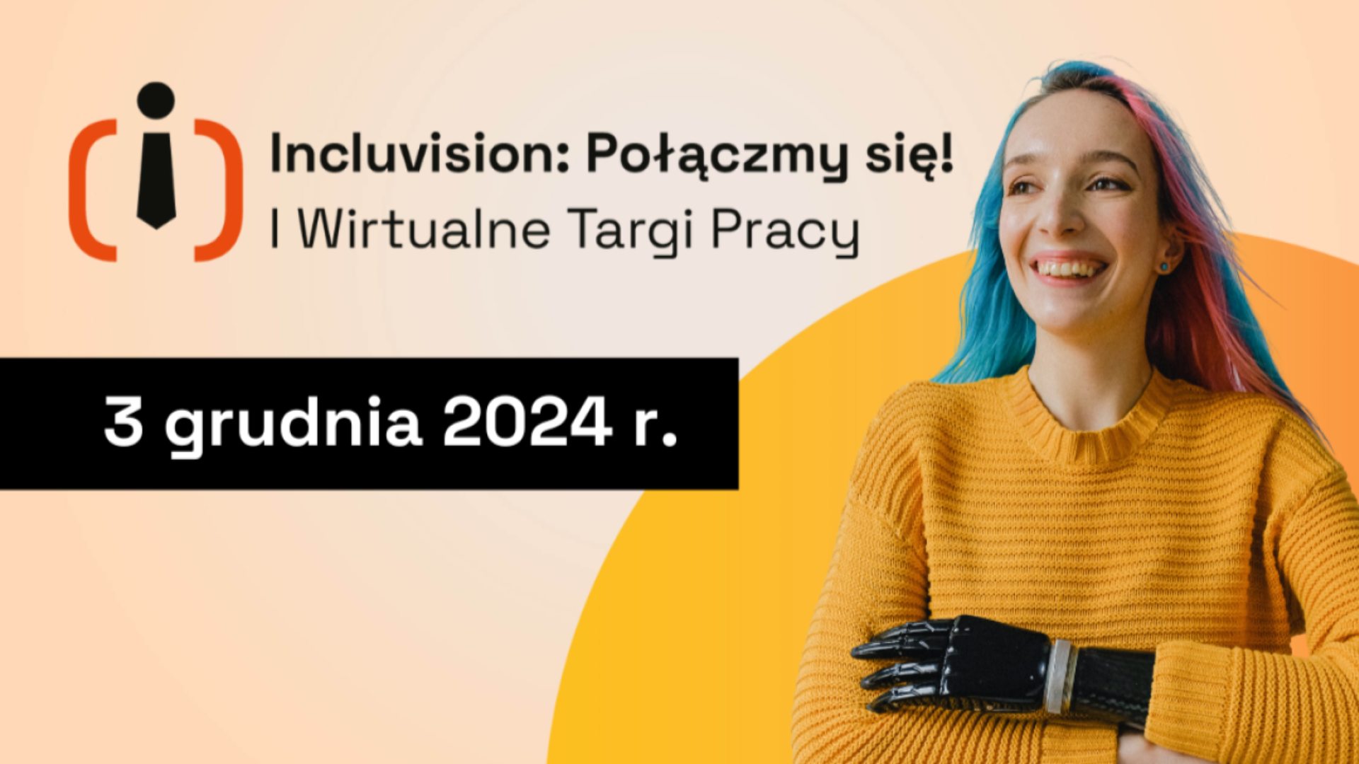 Uśmiechnięta młoda dziewczyna z kolorowymi włosami i protezą ręki.