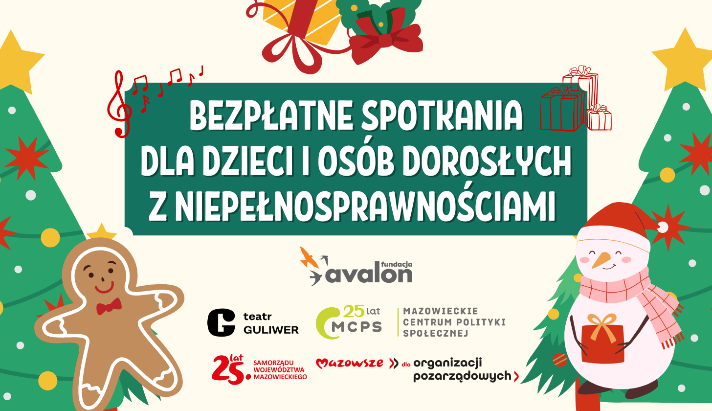 Świąteczna grafika z choinkami, bałwankiem i świątecznym pierniczkiem z uśmiechniętą buzią.