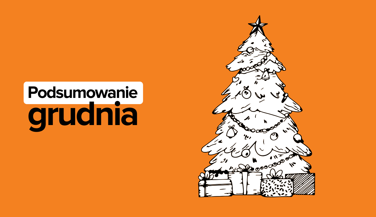 Grafika z rysunkiem choinki i napis podsumowanie grudnia.