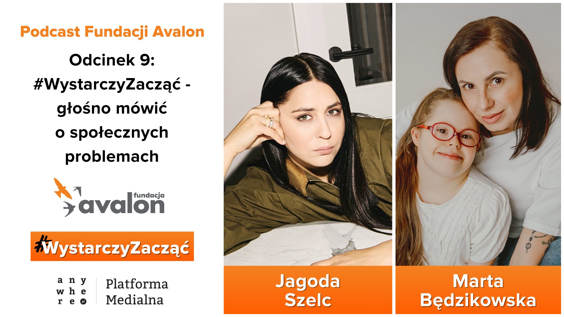 Kolaż zdjęć - na jednym Jagoda Szelc, na drugim Marta Będzikowska z córką Tolą. Obok napis: Podcast Fundacji Avalon - Odcinek 9 #Wystarczy Zacząć głośno mówić o społecznych problemach.