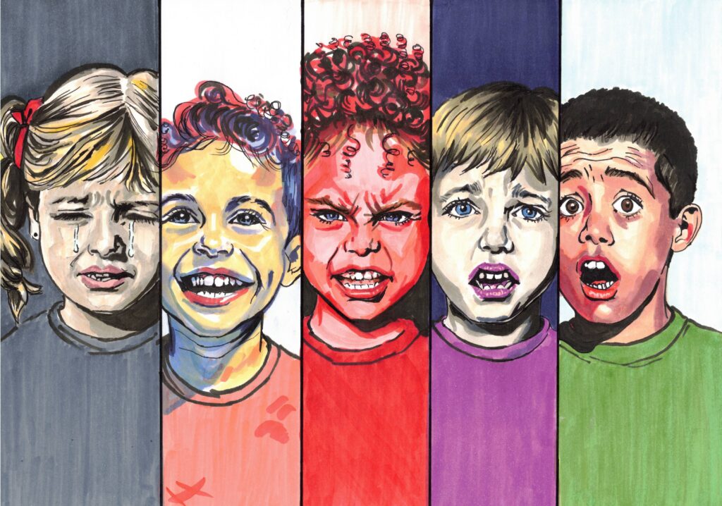 Rysunek podzielny pionowo na pięć cześci. W każdej z nich inne dziecko wyrażające jedną z emocji: smutek, radość, złość, wstręt, przerażenie.