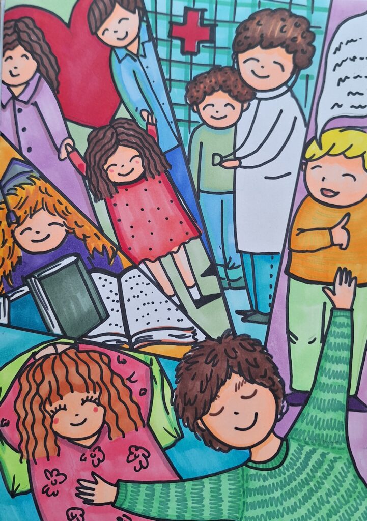 W prawym dolnym rogu chłopiec z szeroko rozłożonymi ramionami. Przestrzeń wojół niego podzielna na pięć promieniście rozchodzących się części. W każdej części rysunek ze scenką: dziewczynka leży na poduszce, dziewczynka się uczy, dziewczynka trzyma się za ręce z rodzicami, chłopiec osłuchiwany przez lekarza, chłopiec mówiący.