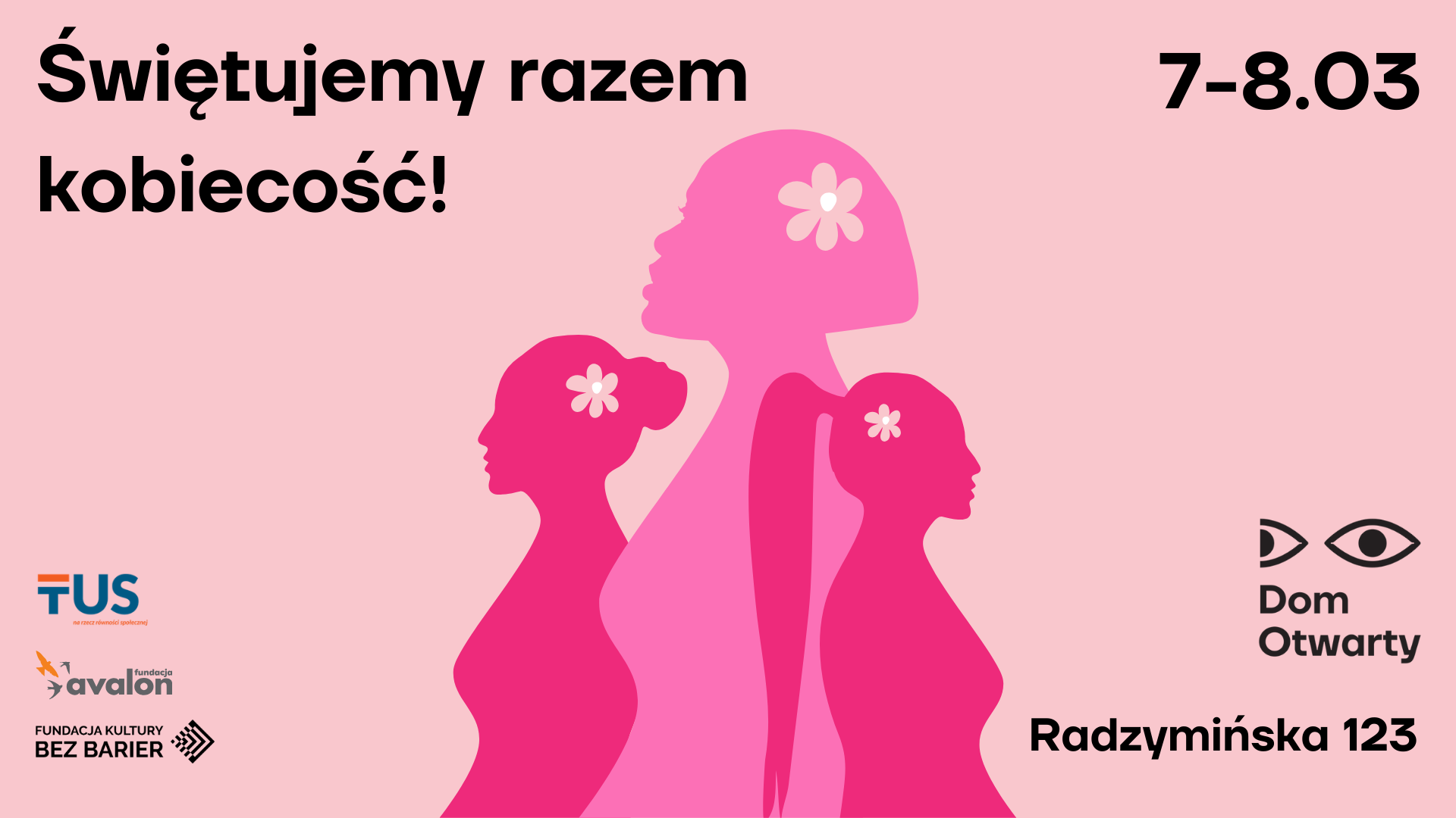Grafika promująca wydarzenie: różowe postaci kobiet na jasnoróżowym tle oraz czarna grafika oczu; od góry napisy: 
