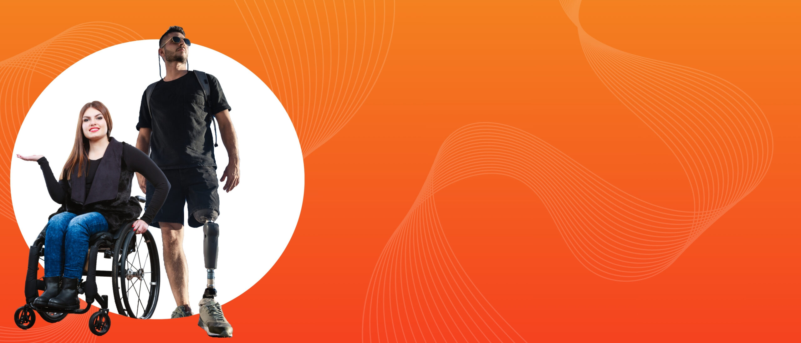 pomarańczowa grafika po lewej stronie kobieta na wózku aktywnym i mężczyzna z protezą nogi