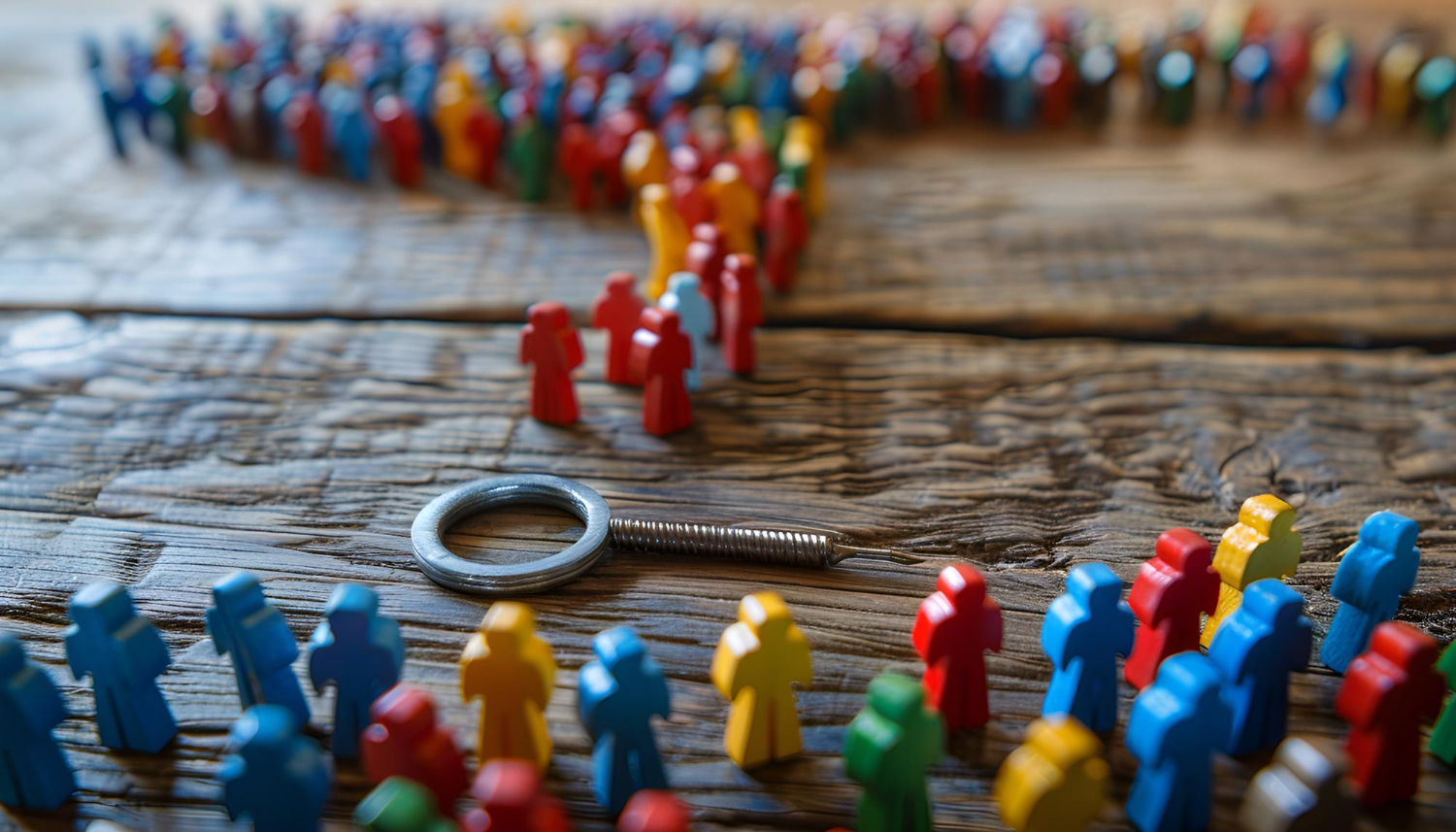 Na stole widać małe drewniane postacie w formie człowieka