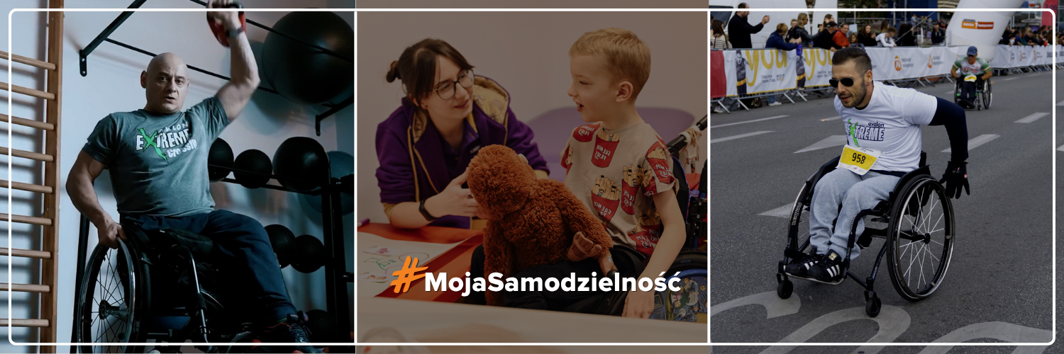 baner z trzema zdjęciami. Pierwsze i trzecie przedstawia mężczyzn na wózku, a środkowe dziecko podczas rehabilitacji.