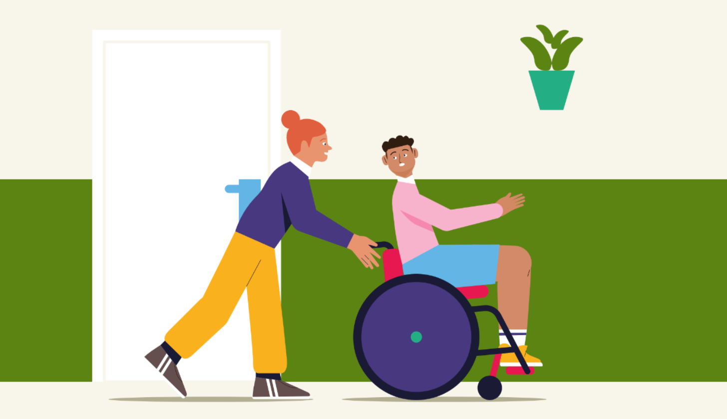 ilustracja kobiety pchającej chłopca na wózku inwalidzkim