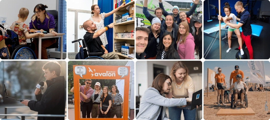 Kolaż ze zdjęć pracowników Fundacji Avalon w trakcie wykonywania obowiązków w biurze, na sali rehabilitacyjnej oraz w trakcie wydrzeń.
