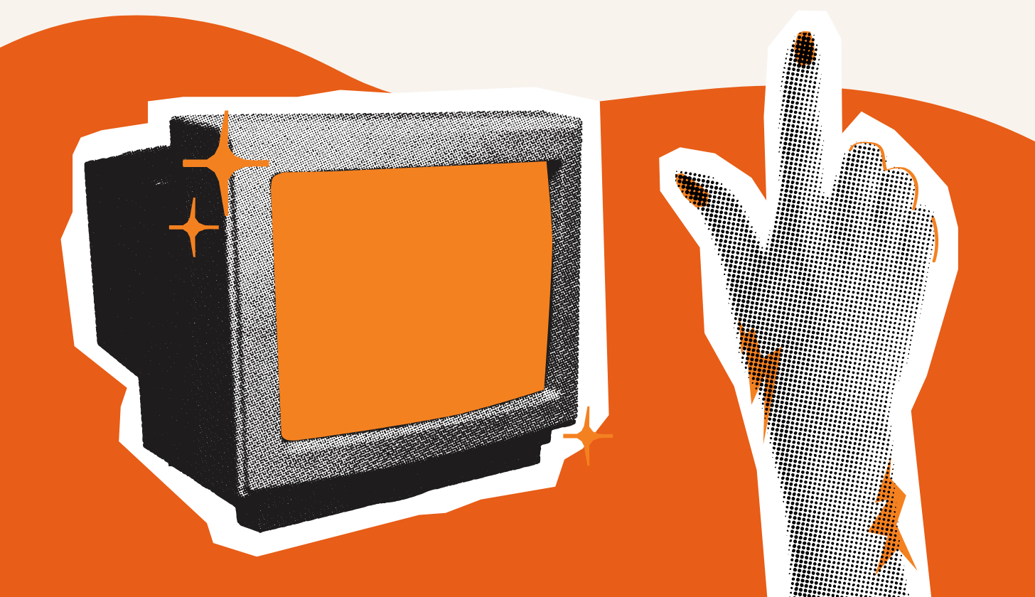 Telewizor obok dłoń z wyprostowanym palcem wskazującym. Tło jest pomarańczowe.