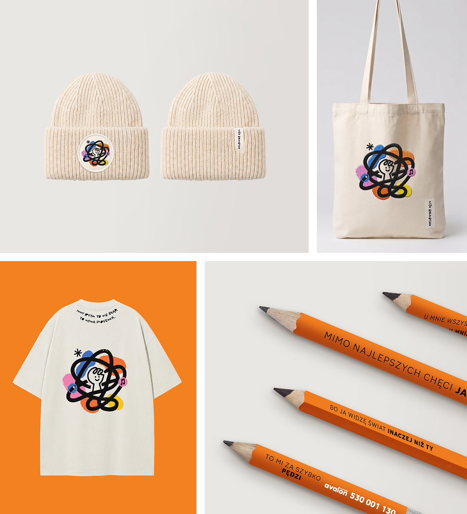 Produkty kampanii: czapka, torba, t-shirt, ołówki